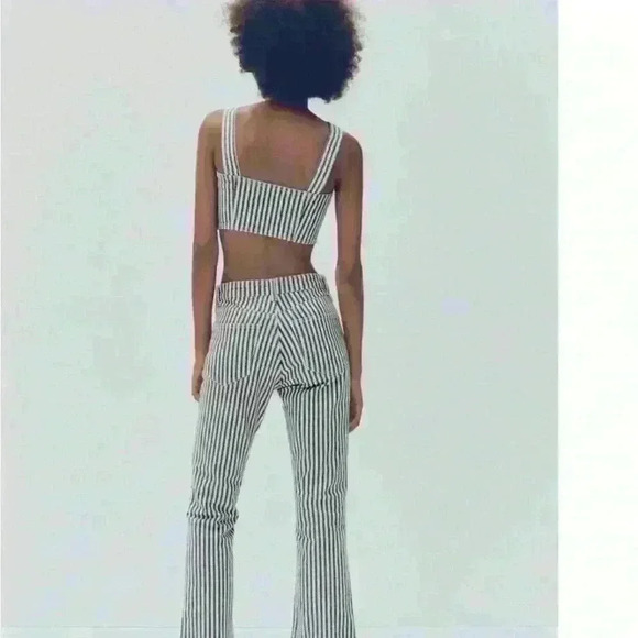 Zara Stripped Denim Crop Top Blue Navy White Square Neckline Side Zipper Size  S - Picture 7 of 10